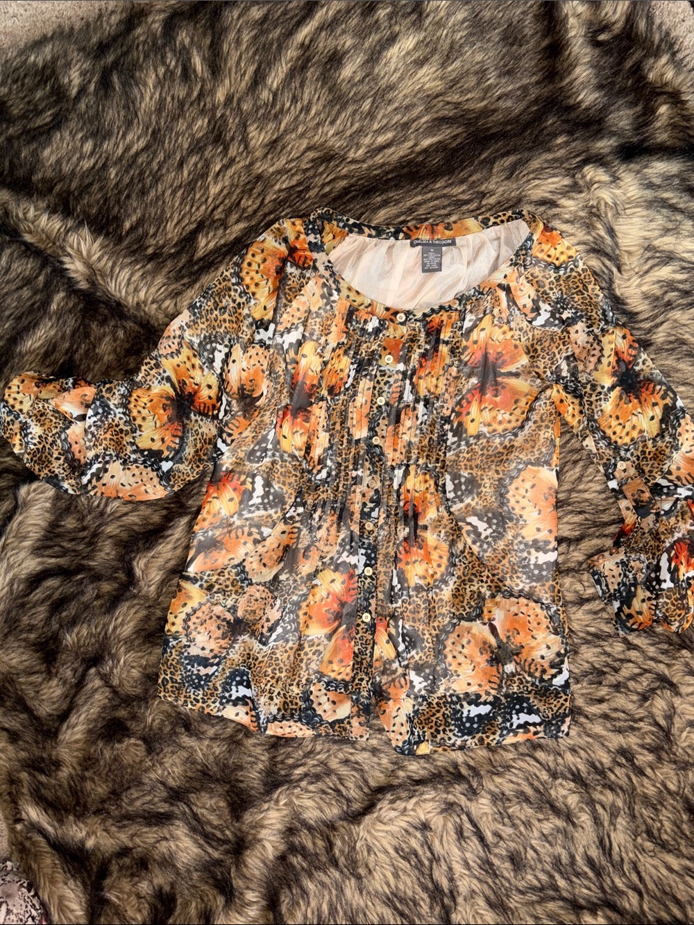 Chelsea & Theodore Orange/Black Butterfly Leopard Print Button Down Top Size M